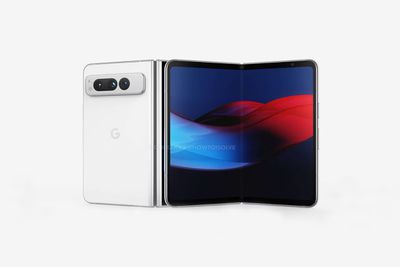 leaked render of a white google pixel fold on cream colored background