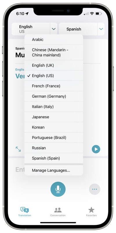 ios 15 translate app language drop down