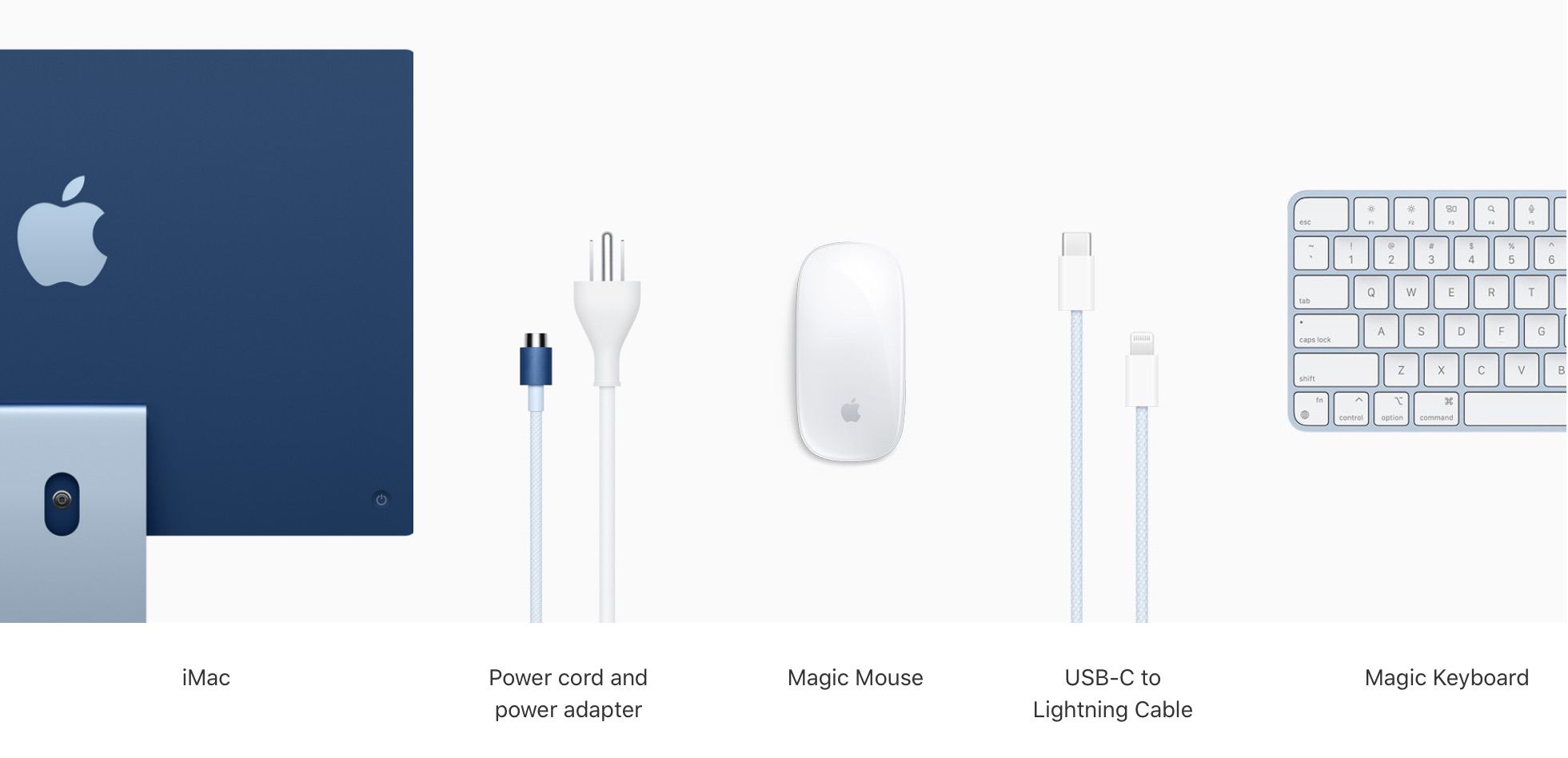 Apple’s new shiny iMacs come with color-coded Magic keyboard, Magic mouse, power cord and USB-C cable