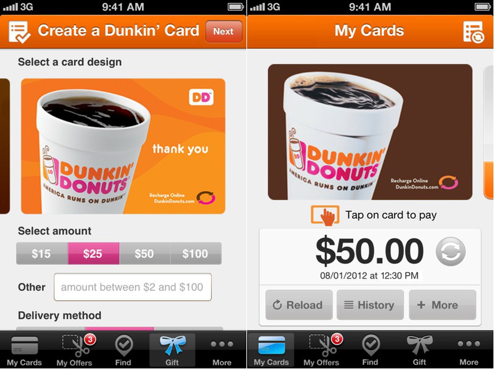 how to add dunkin gift card to app
