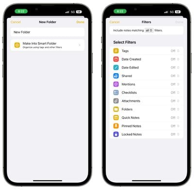 notes smart folder options ios 16