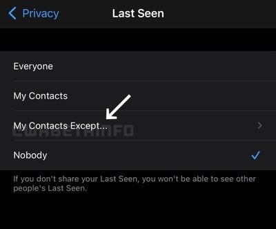 Whatsapp PRIVACY SETTINGS MY CONTACTS EXCEPT IOS